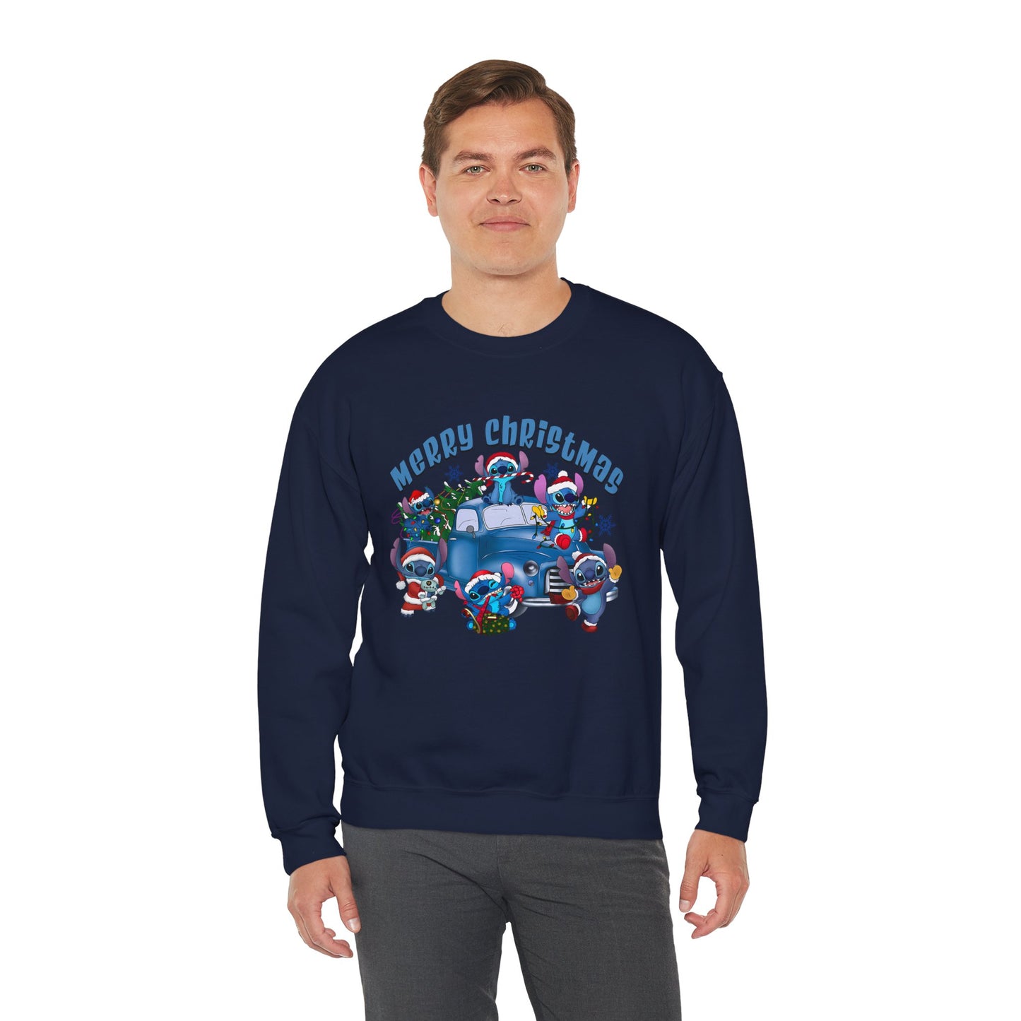 Merry Christmas Unisex Heavy Blend Crewneck Sweatshirt – Blue Christmas Truck & Cute Holiday Characters Sweater