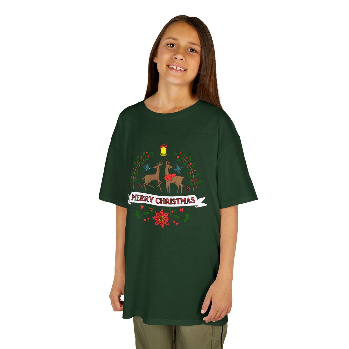 Merry Christmas Reindeer Kids T-Shirt – Cute Holiday Laurel & Poinsettia Tee