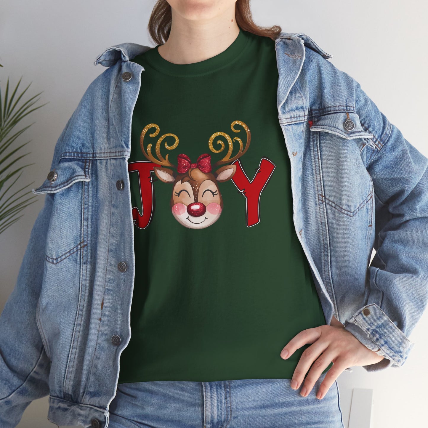 Reindeer Joy Women’s Christmas T-Shirt – Cute Holiday Reindeer Face Heavy Cotton Tee