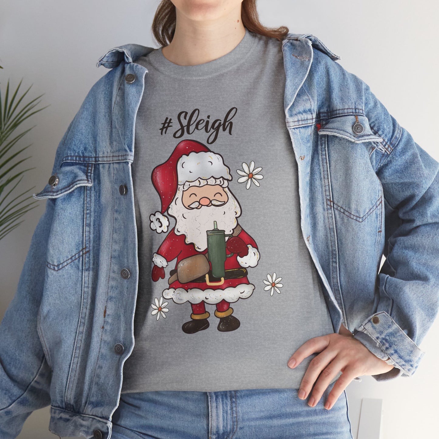 #Sleigh Funny Santa Christmas Tee – Cute Modern Holiday Hashtag Graphic Unisex Heavy Cotton T-Shirt