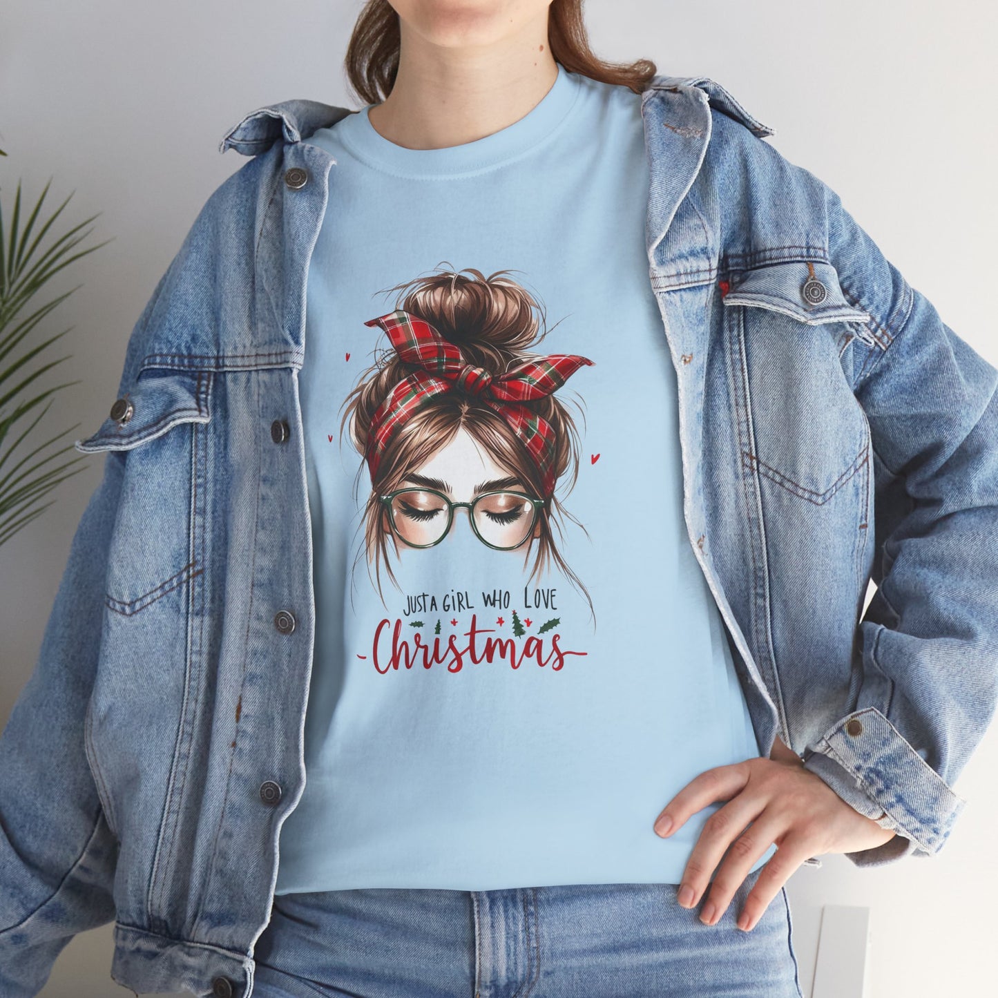 Just A Girl Who Loves Christmas Unisex Heavy Cotton T-Shirt – Plaid Bandana Holiday Girl Tee