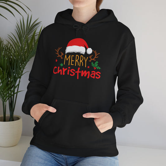 Merry Christmas Reindeer Hoodie – Santa Hat Holiday Unisex Sweatshirt, Festive Xmas Pullover