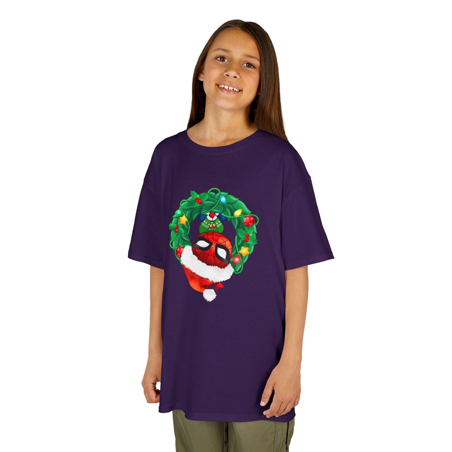 Spidey Wreath Kids Christmas Tee – Superhero Holiday Shirt for Kids Heavy Cotton T-Shirt