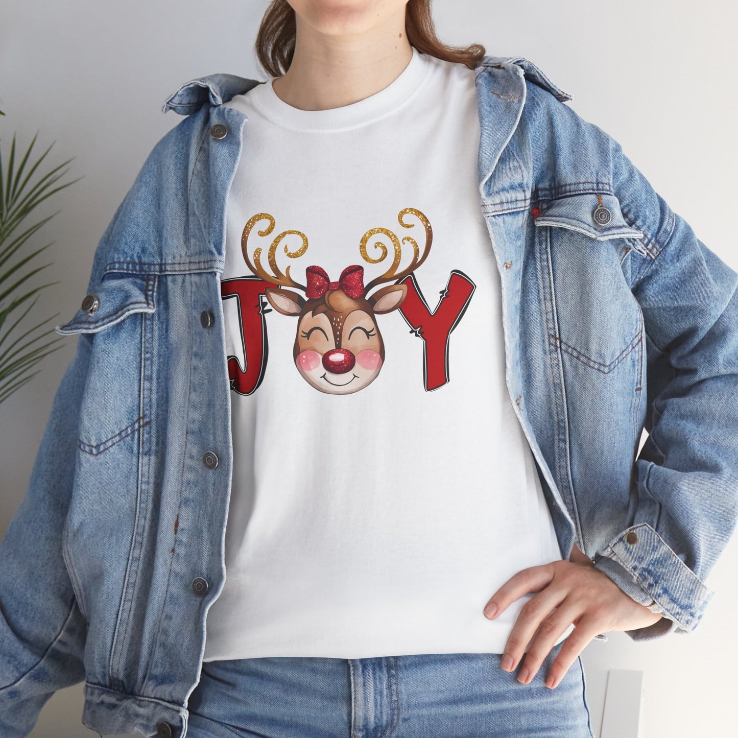 Reindeer Joy Women’s Christmas T-Shirt – Cute Holiday Reindeer Face Heavy Cotton Tee