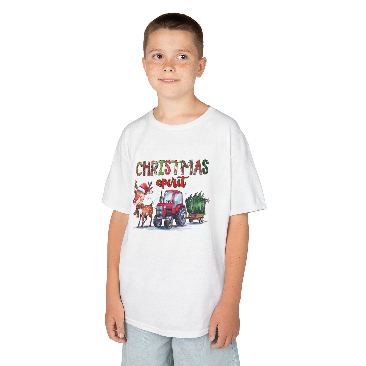 Christmas Spirit Kids T-Shirt – Cute Reindeer & Red Tractor Holiday Tee