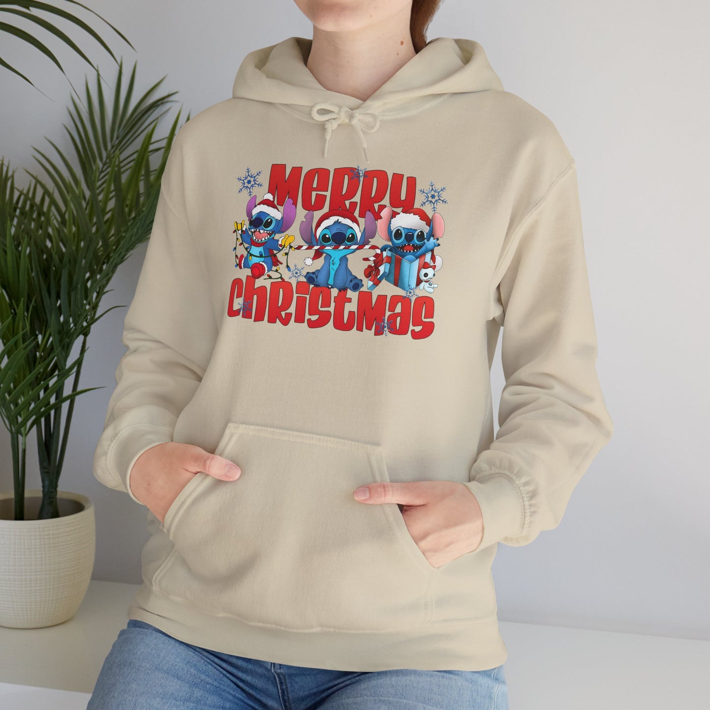 Merry Christmas Unisex Heavy Blend Hooded Sweatshirt – Cute Blue Holiday Characters Hoodie