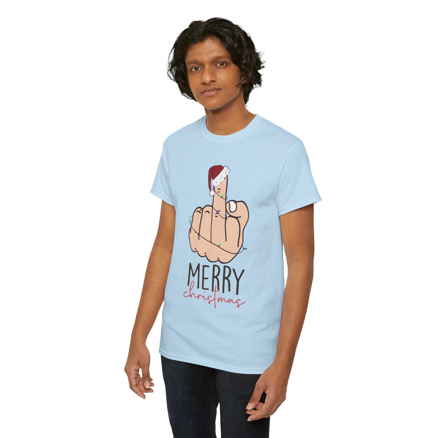 Merry Christmas Middle Finger Funny Adult Holiday Tee – Sarcastic Santa Joke Unisex Heavy Cotton T-Shirt