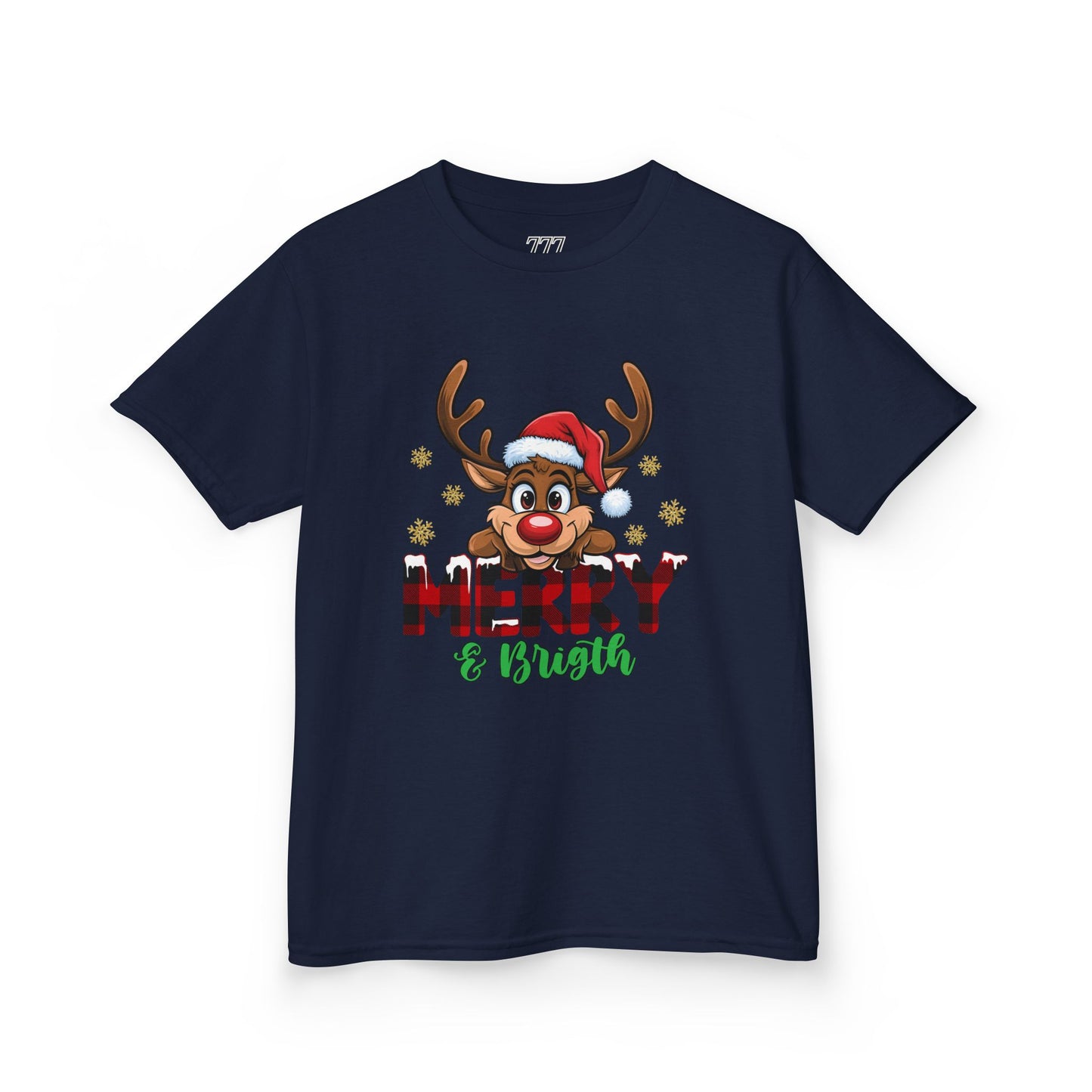Merry & Bright Kids Christmas T-Shirt – Cute Reindeer Holiday Heavy Cotton Tee