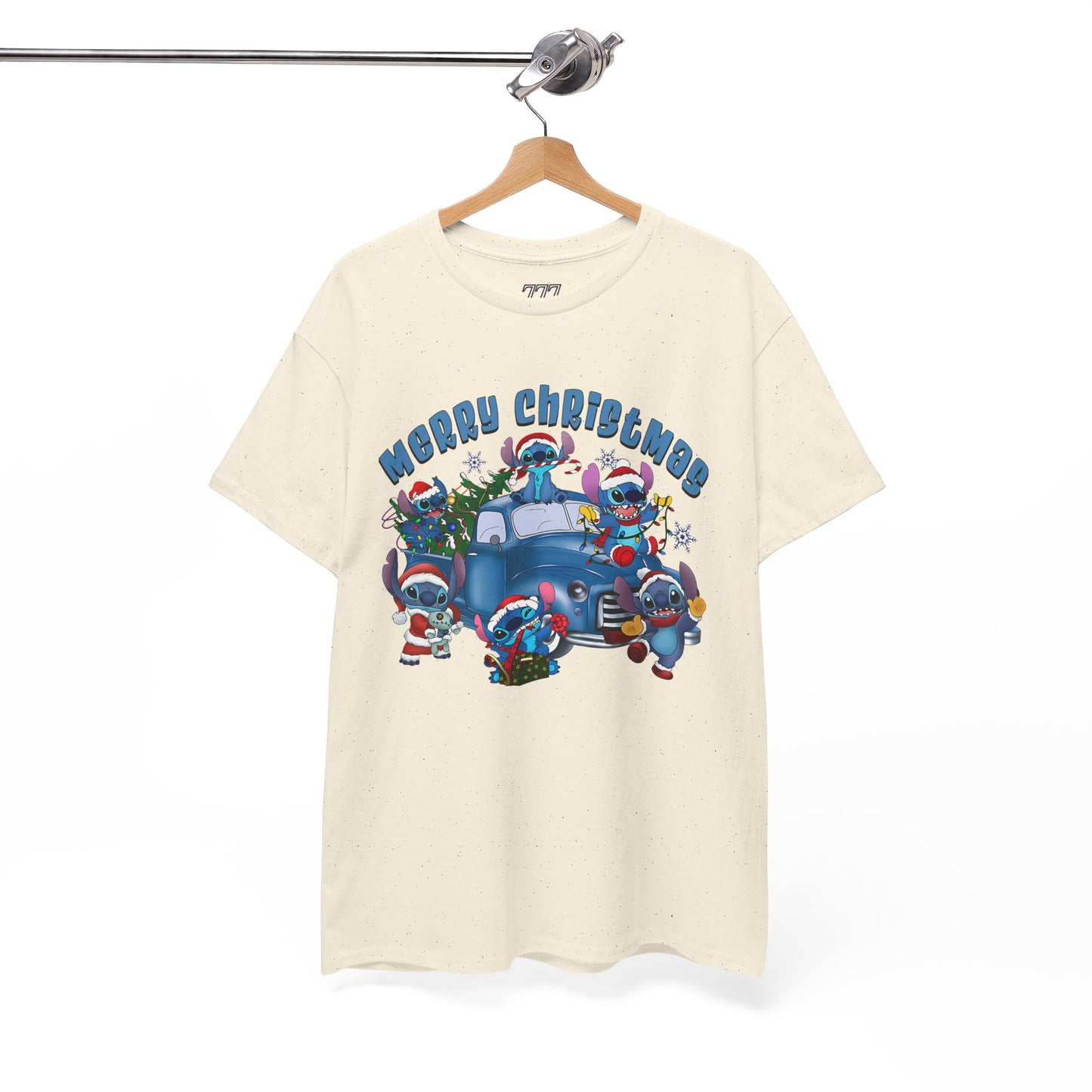 Merry Christmas Unisex Heavy Cotton T-Shirt – Blue Christmas Truck & Cute Holiday Characters Tee