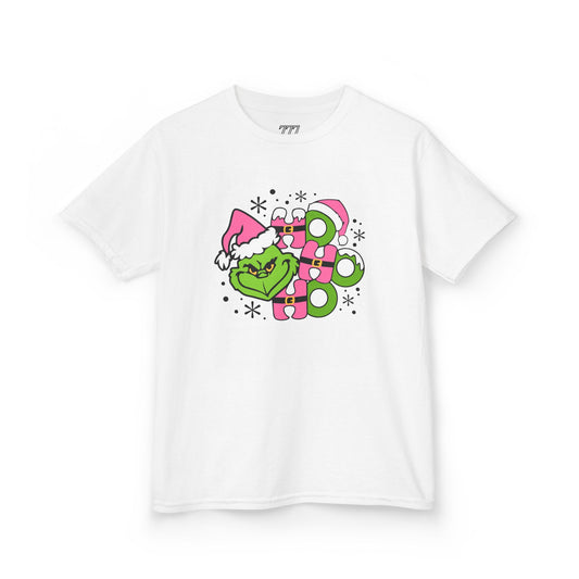 HO HO HO Cute Christmas Grinch-Inspired Kids Holiday T-Shirt – Pink Santa Festive Kids Heavy Cotton Tee