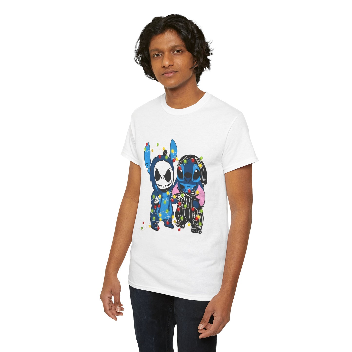 Cute Holiday Duo Christmas Unisex Heavy Cotton T-Shirt – Cartoon Alien & Skeleton Festive Tee