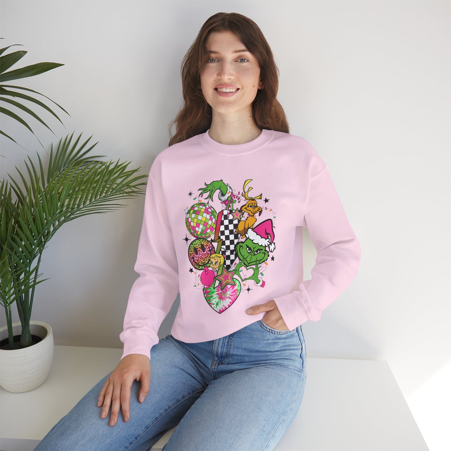 Grinchy Bells Christmas Crewneck – Neon Holiday Hearts & Grumpy Green Aesthetic Sweatshirt (Unisex)