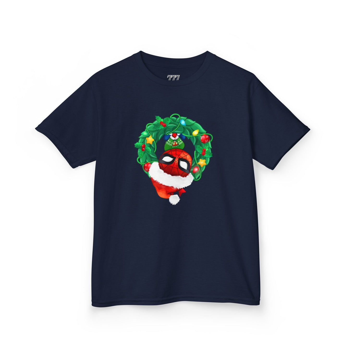 Spidey Wreath Kids Christmas Tee – Superhero Holiday Shirt for Kids Heavy Cotton T-Shirt