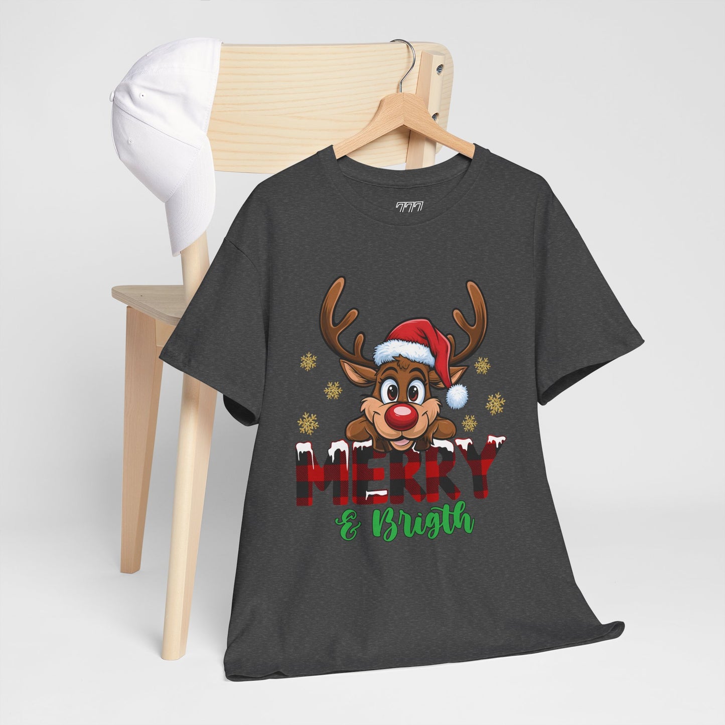Merry & Bright Unisex Heavy Cotton T-Shirt – Cute Christmas Reindeer Holiday Tee