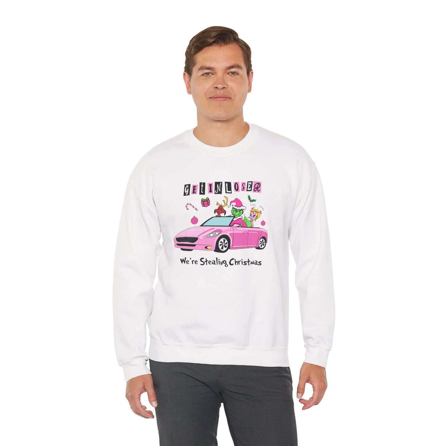 Get In Loser We’re Stealing Christmas Crewneck – Funny Green Holiday Creature Sweatshirt (Unisex)