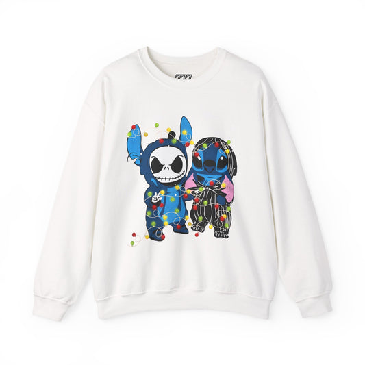 Cute Holiday Duo Christmas Unisex Heavy Blend Crewneck Sweatshirt – Cartoon Alien & Skeleton Festive Sweater