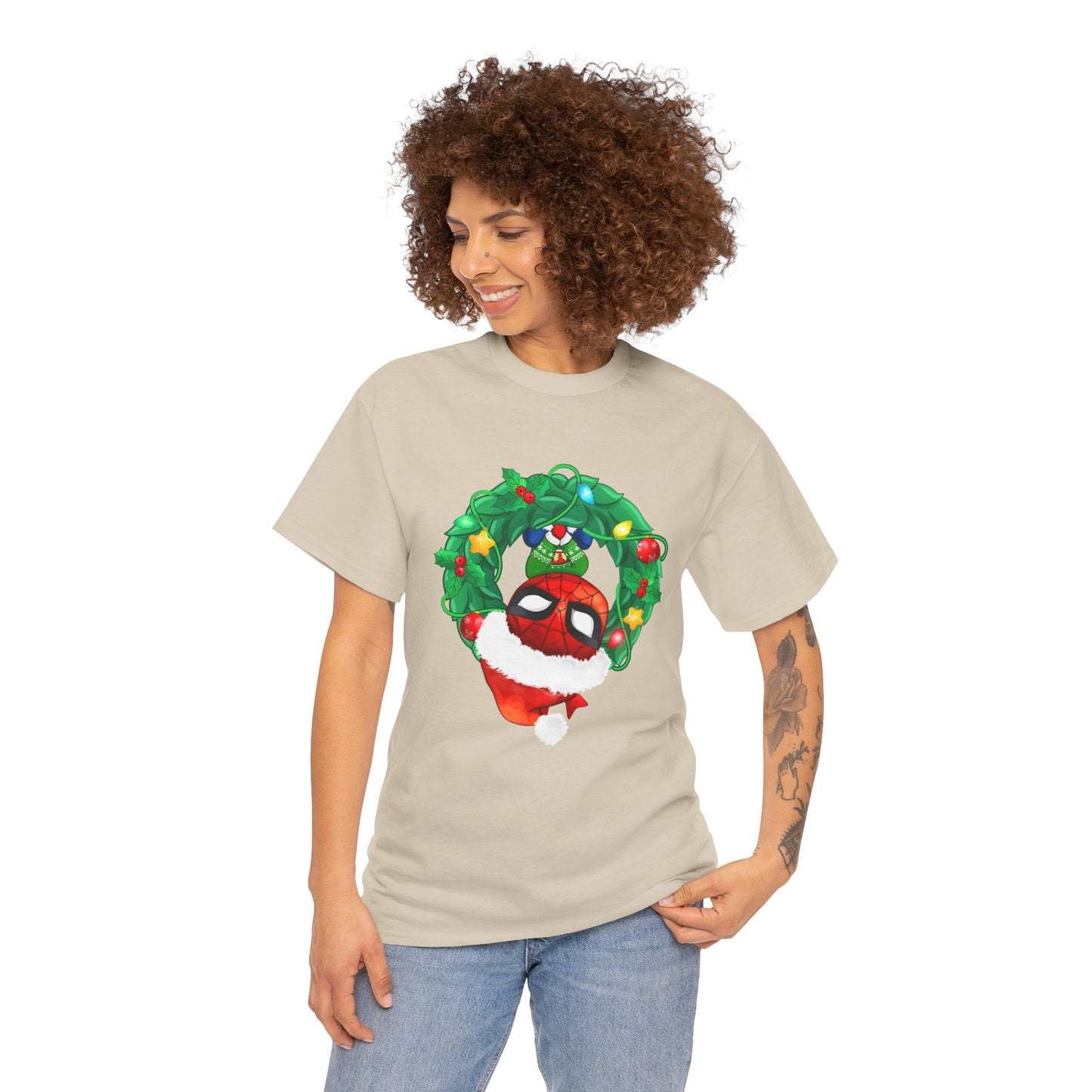 Spidey Wreath Christmas Tee – Superhero Holiday Lights Festive Unisex Heavy Cotton T-Shirt