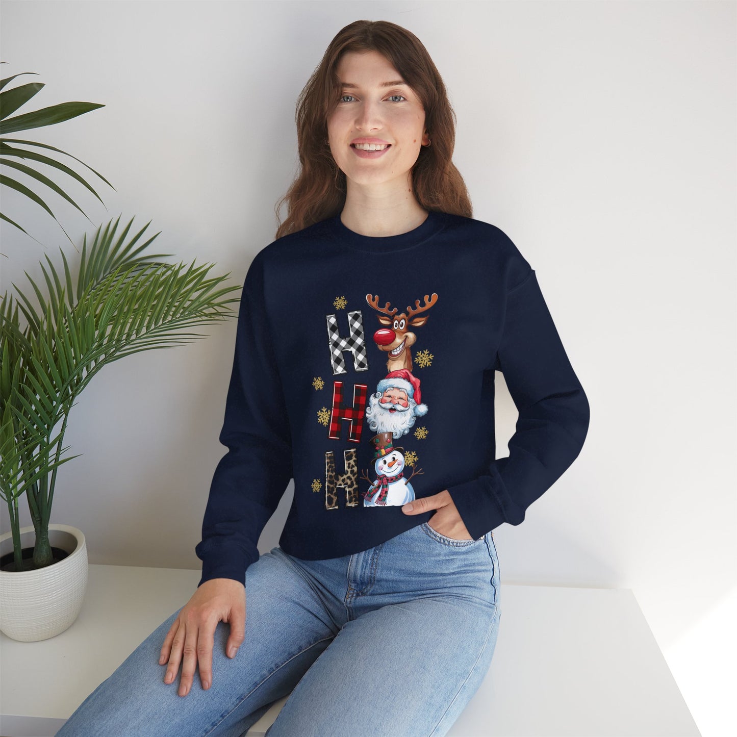 HO HO HO Christmas Unisex Heavy Blend Crewneck Sweatshirt – Santa, Reindeer & Snowman Holiday Sweater