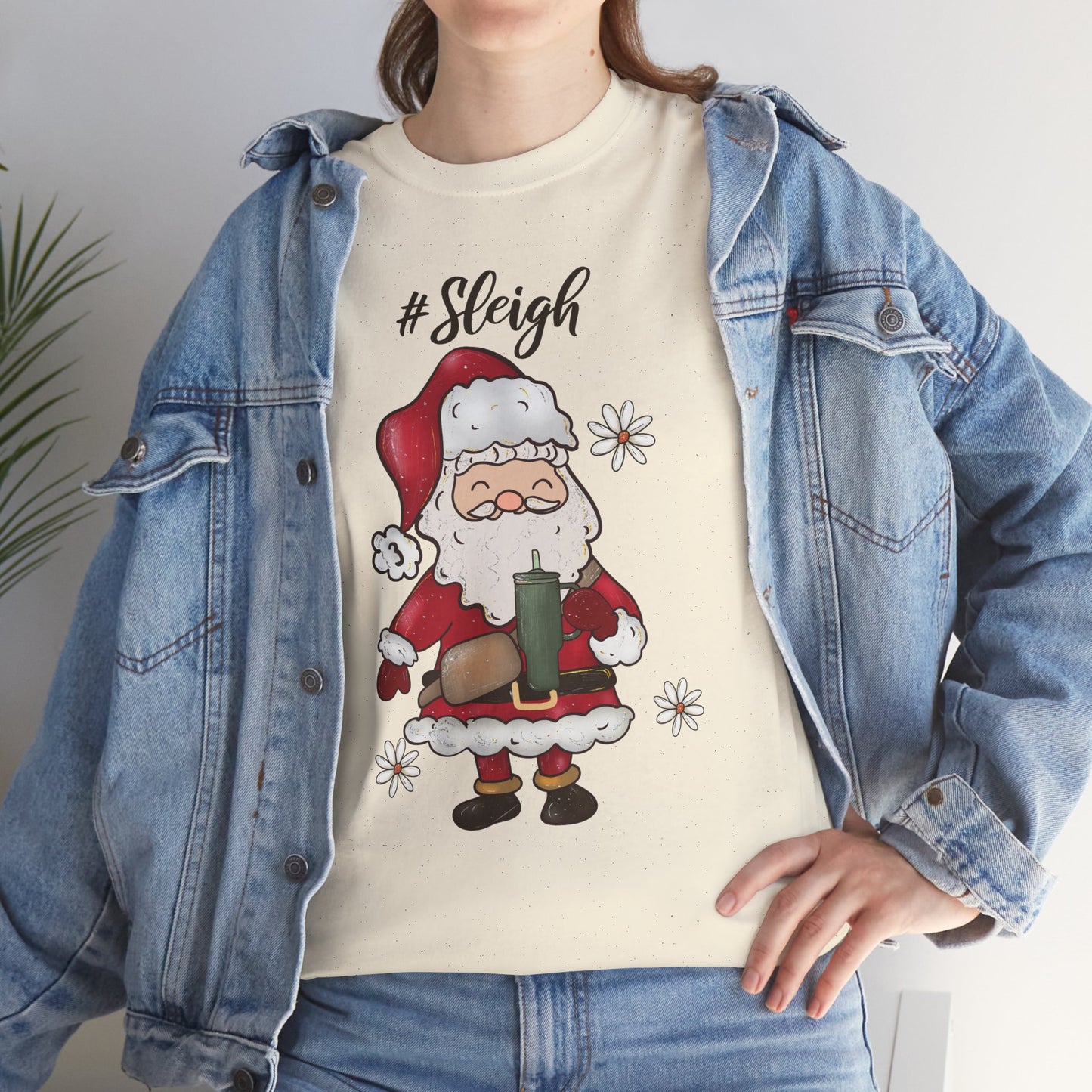 #Sleigh Funny Santa Christmas Tee – Cute Modern Holiday Hashtag Graphic Unisex Heavy Cotton T-Shirt