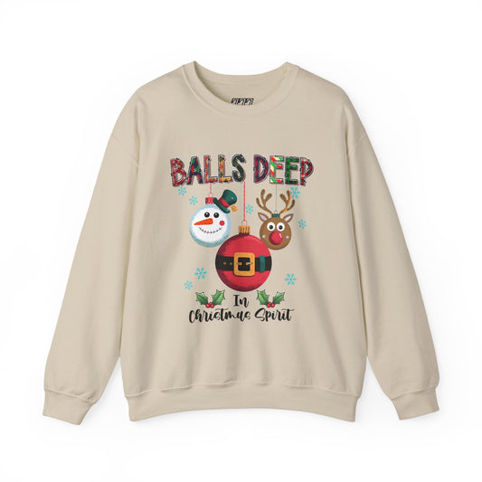 Balls Deep in Christmas Spirit Unisex Heavy Blend Crewneck Sweatshirt – Funny Adult Holiday Snowman & Reindeer Sweater