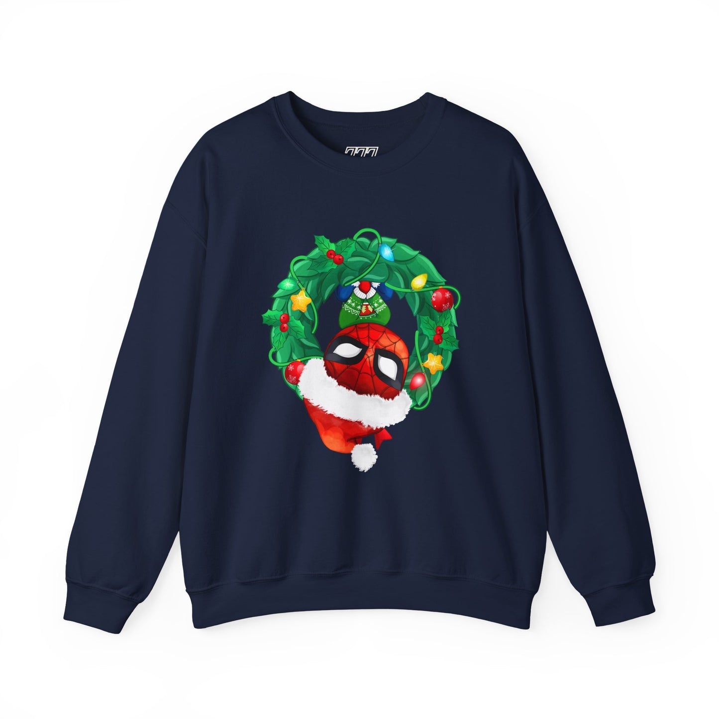 Spidey Wreath Christmas Sweatshirt – Superhero Holiday Lights Festive Unisex Heavy Blend Crewneck