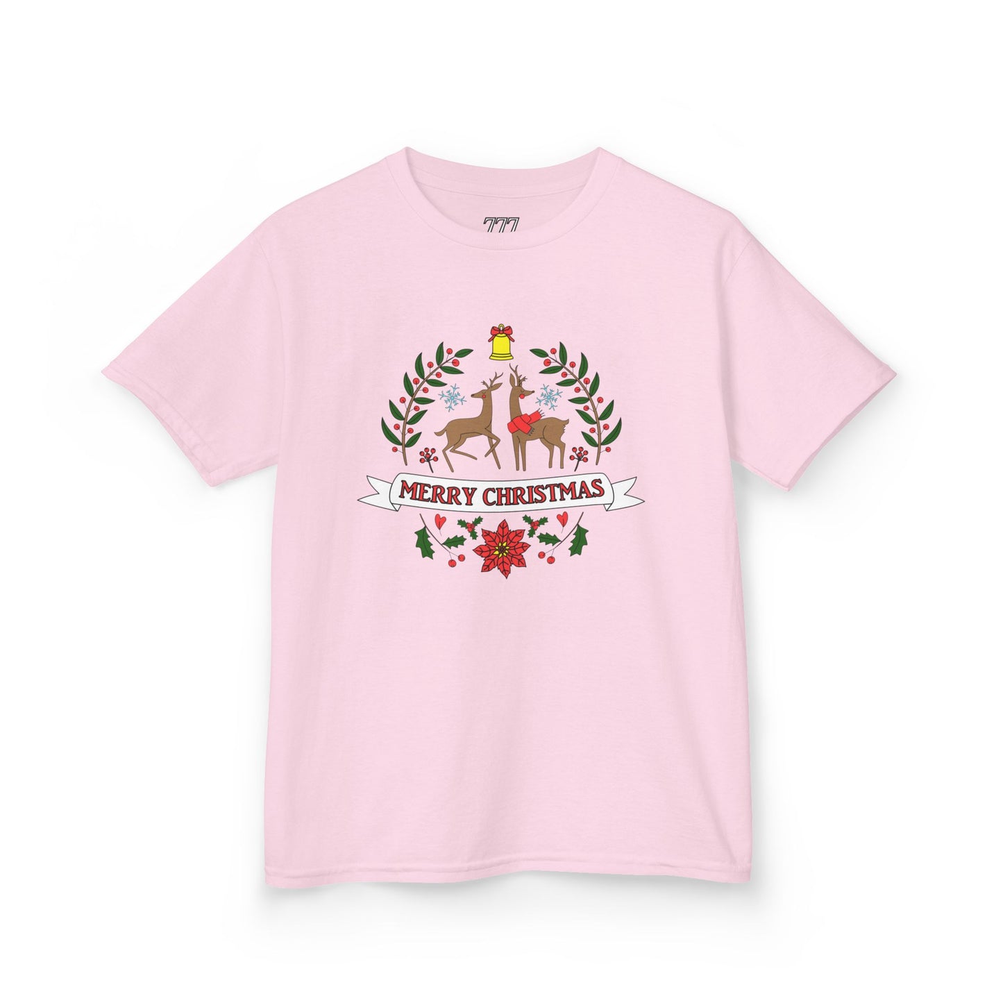 Merry Christmas Reindeer Kids T-Shirt – Cute Holiday Laurel & Poinsettia Tee