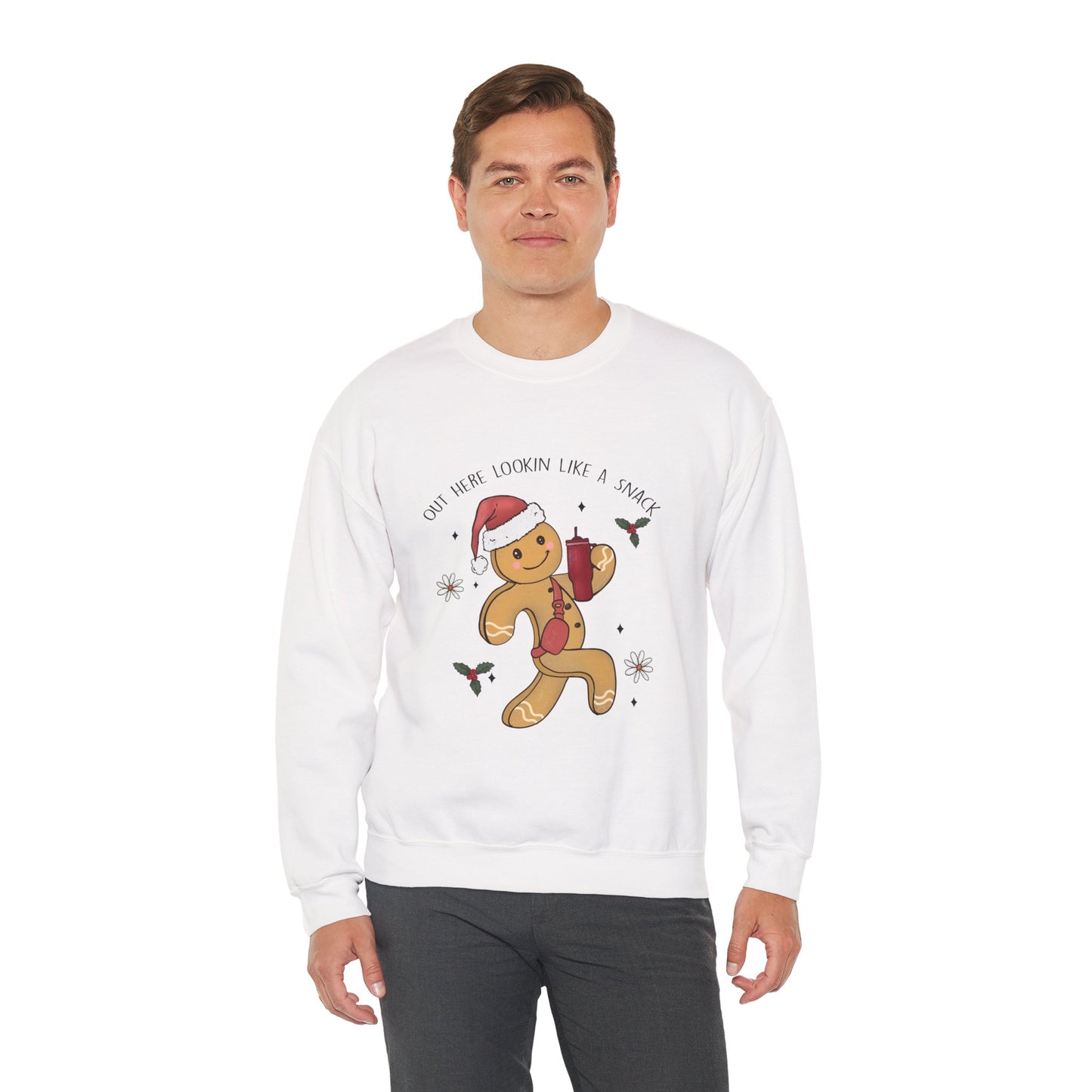Out Here Looking Like a Snack Gingerbread Funny Christmas Holiday Sweatshirt – Cute Santa Hat Festive Unisex Heavy Blend Crewneck