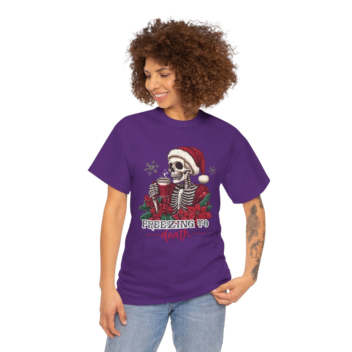 Freezing To Death Skeleton Christmas Tee – Funny Holiday Unisex Heavy Cotton T-Shirt, Winter Coffee Xmas Shirt