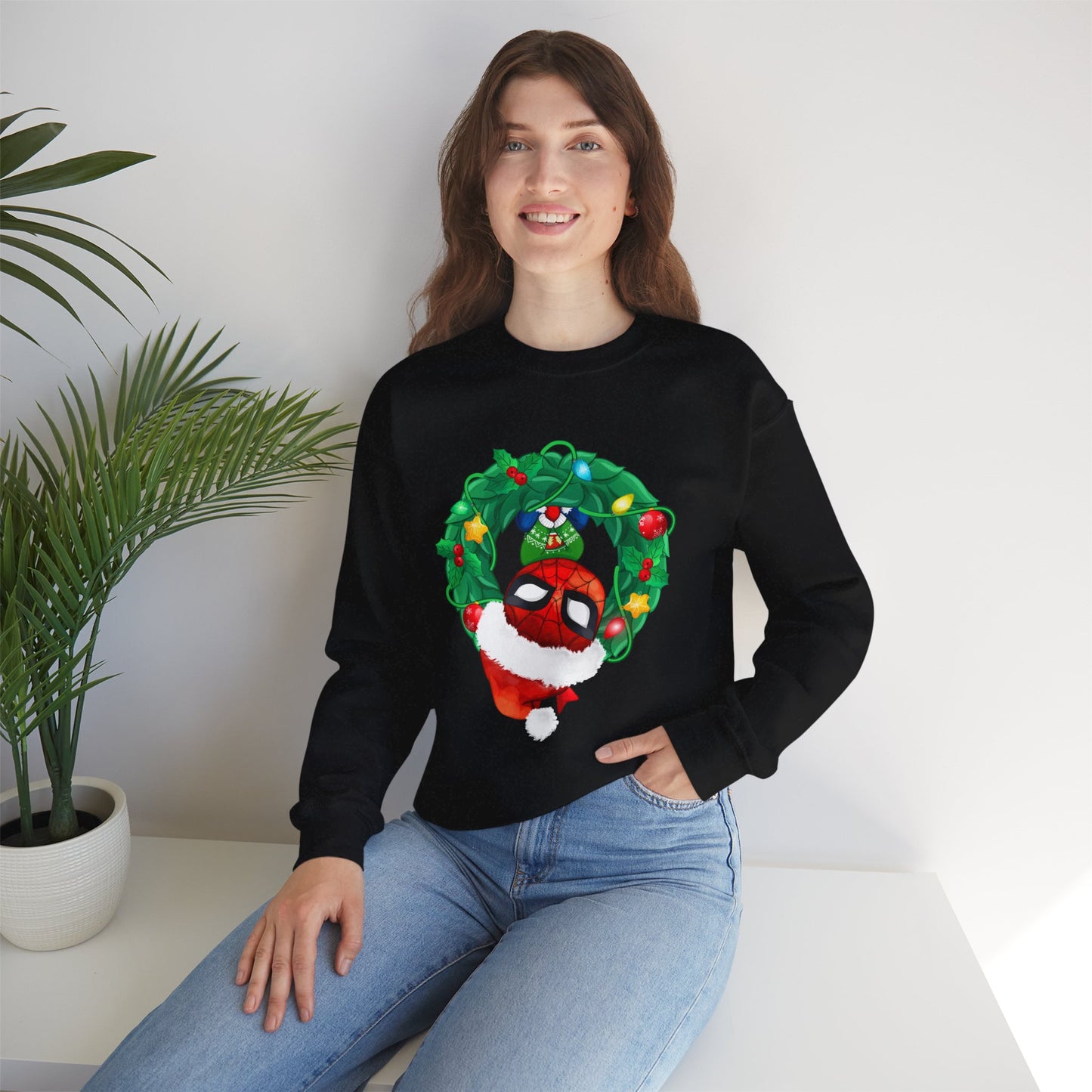 Spidey Wreath Christmas Sweatshirt – Superhero Holiday Lights Festive Unisex Heavy Blend Crewneck