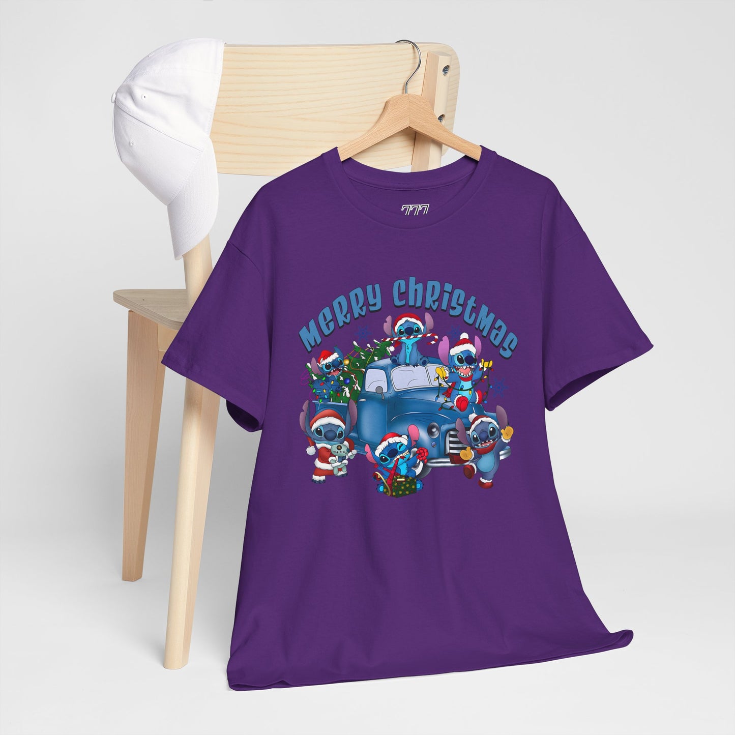 Merry Christmas Unisex Heavy Cotton T-Shirt – Blue Christmas Truck & Cute Holiday Characters Tee