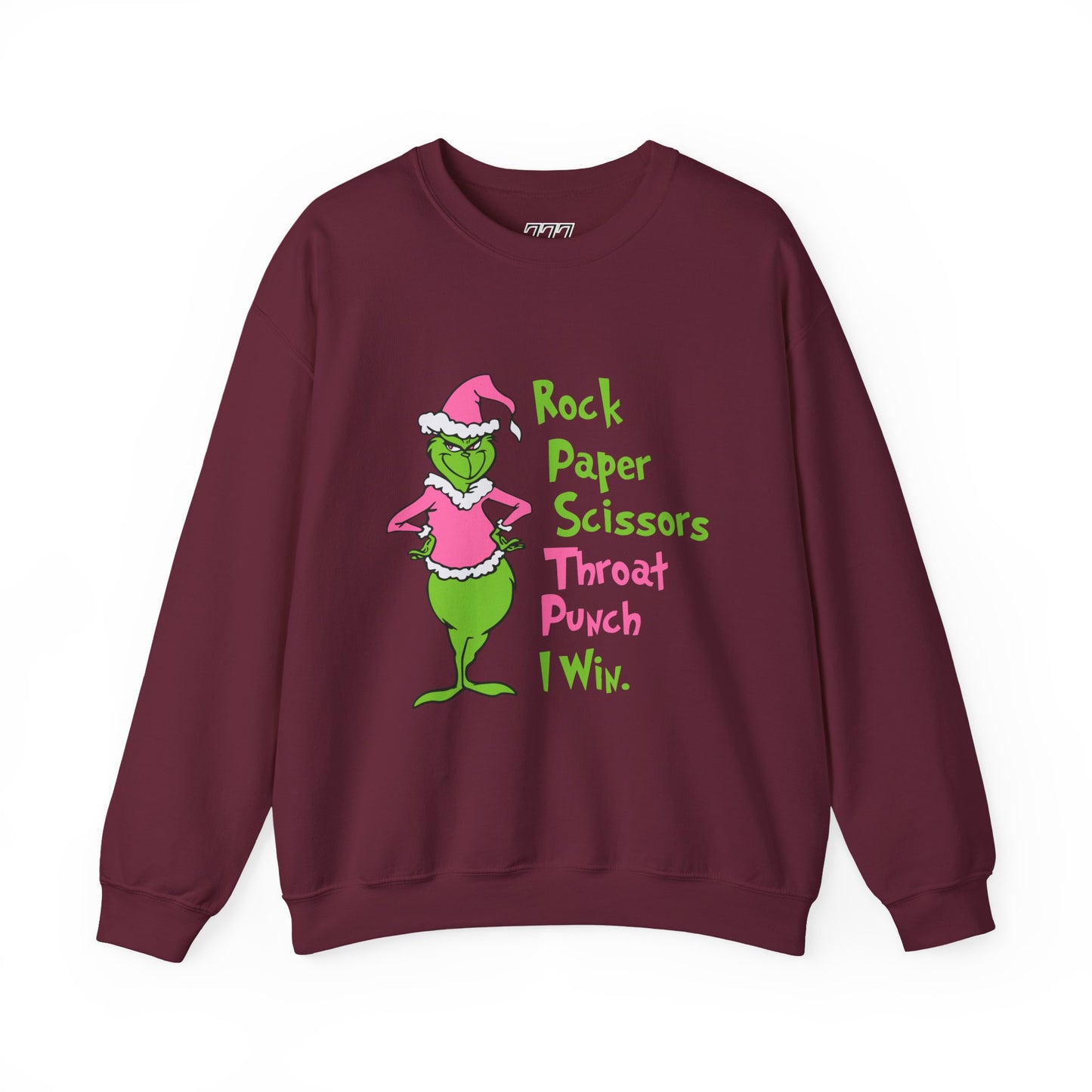 Rock Paper Scissors Throat Punch I Win Funny Christmas Grinch-Inspired Holiday Sweatshirt – Sarcastic Pink Santa Unisex Heavy Blend Crewneck