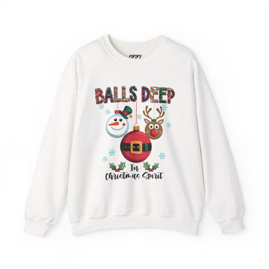 Balls Deep in Christmas Spirit Unisex Heavy Blend Crewneck Sweatshirt – Funny Adult Holiday Snowman & Reindeer Sweater