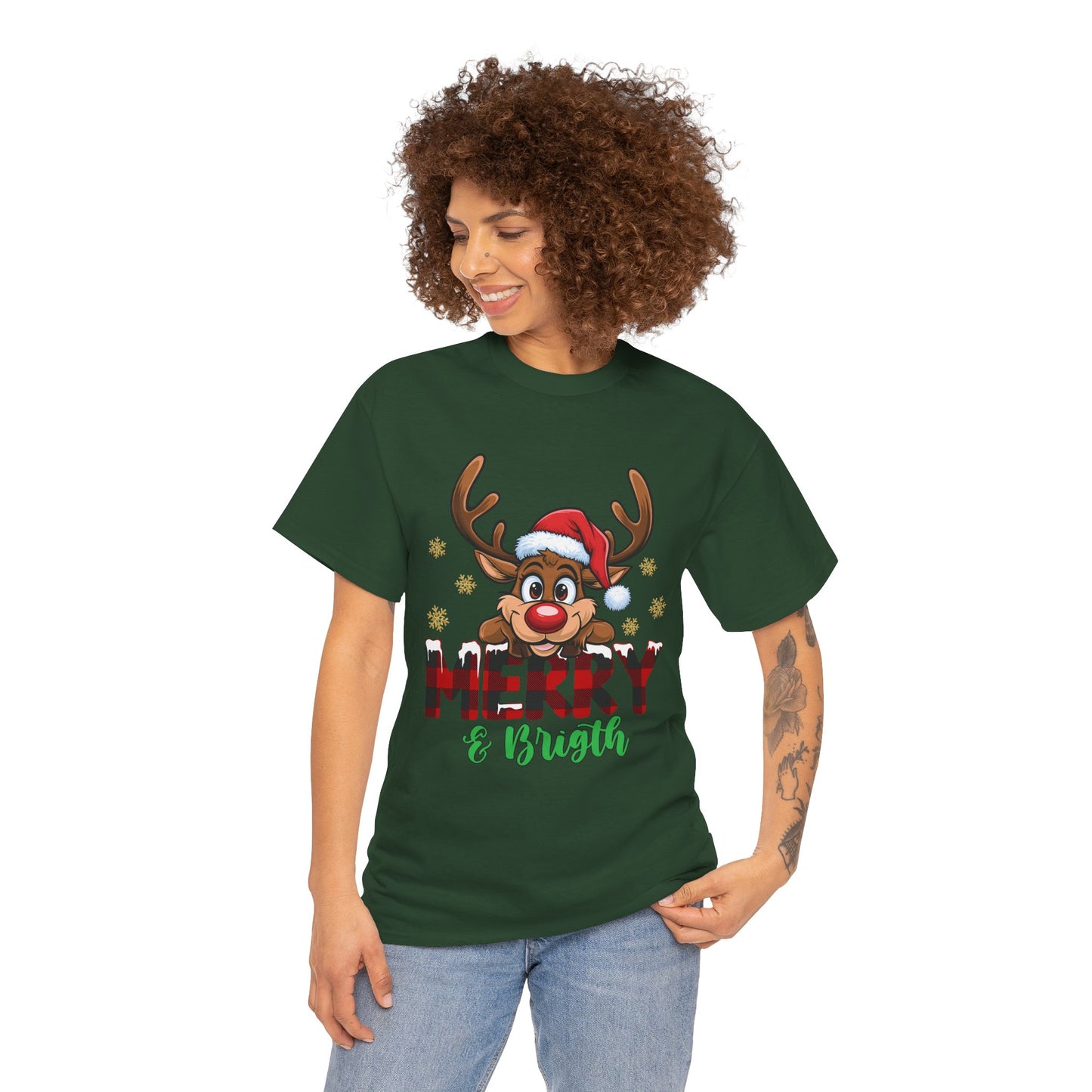 Merry & Bright Unisex Heavy Cotton T-Shirt – Cute Christmas Reindeer Holiday Tee