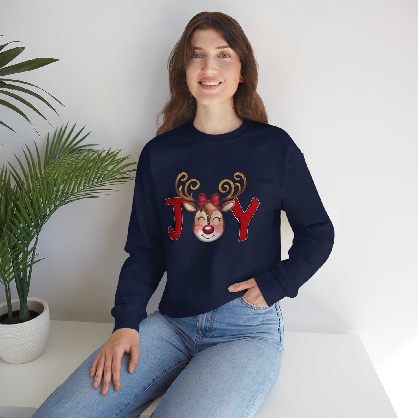Reindeer Joy Women’s Christmas Crewneck Sweatshirt – Cute Holiday Reindeer Heavy Blend Sweater