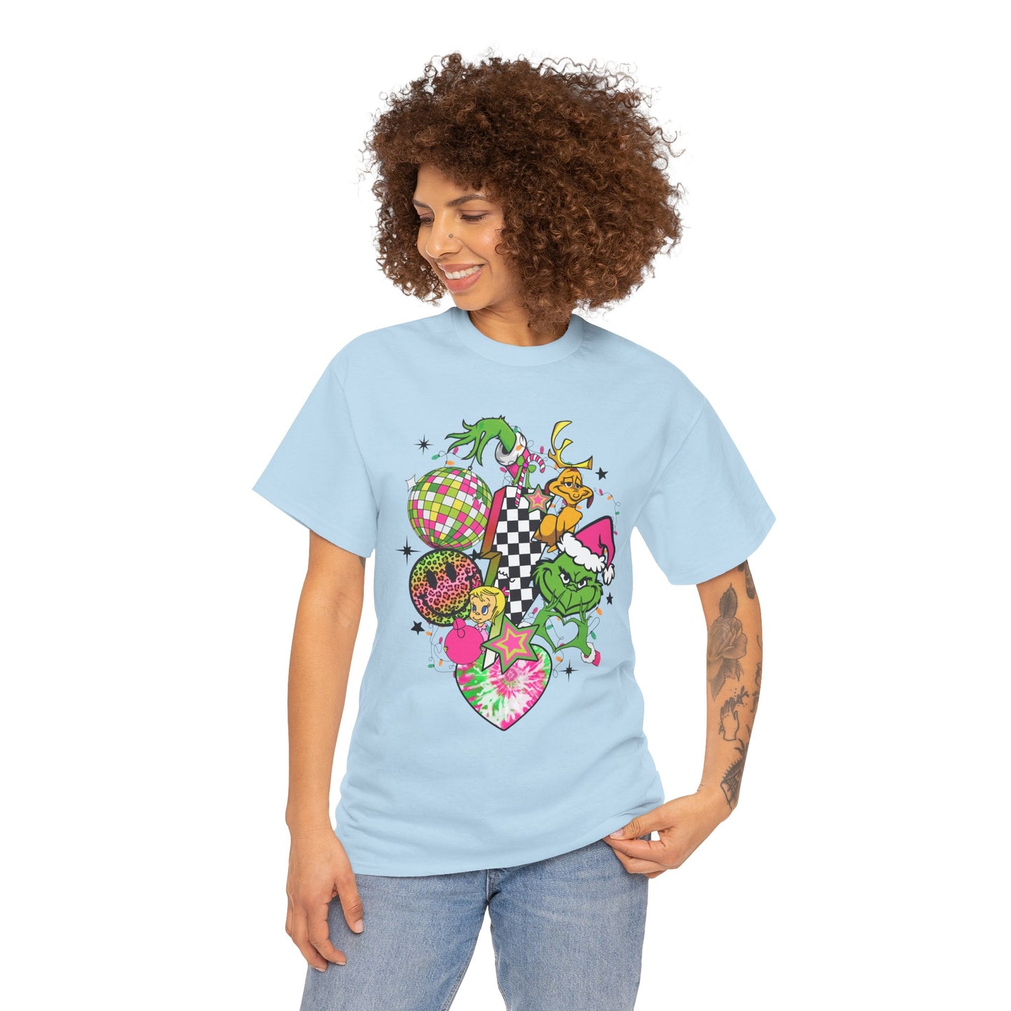 Grinchy Bell Christmas T-Shirt – Neon Holiday Hearts & Grumpy Green Vibes Tee (Unisex)