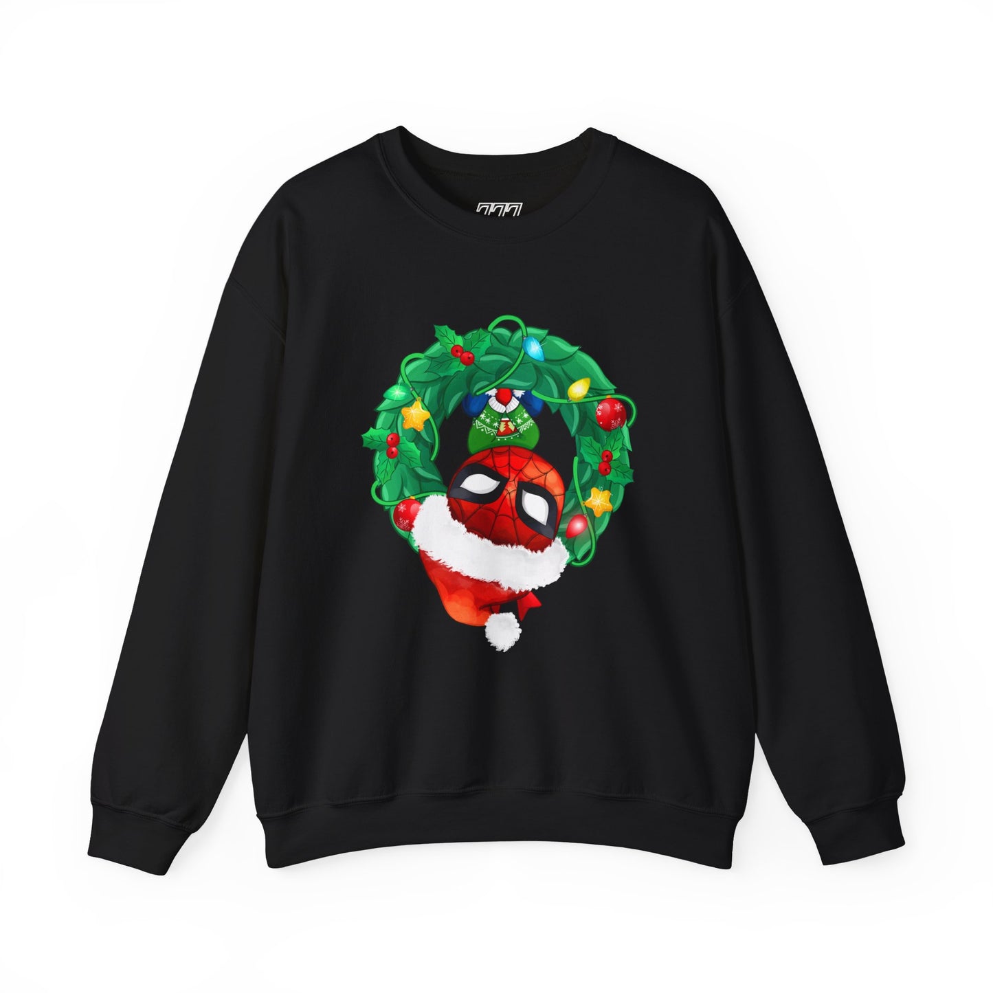 Spidey Wreath Christmas Sweatshirt – Superhero Holiday Lights Festive Unisex Heavy Blend Crewneck