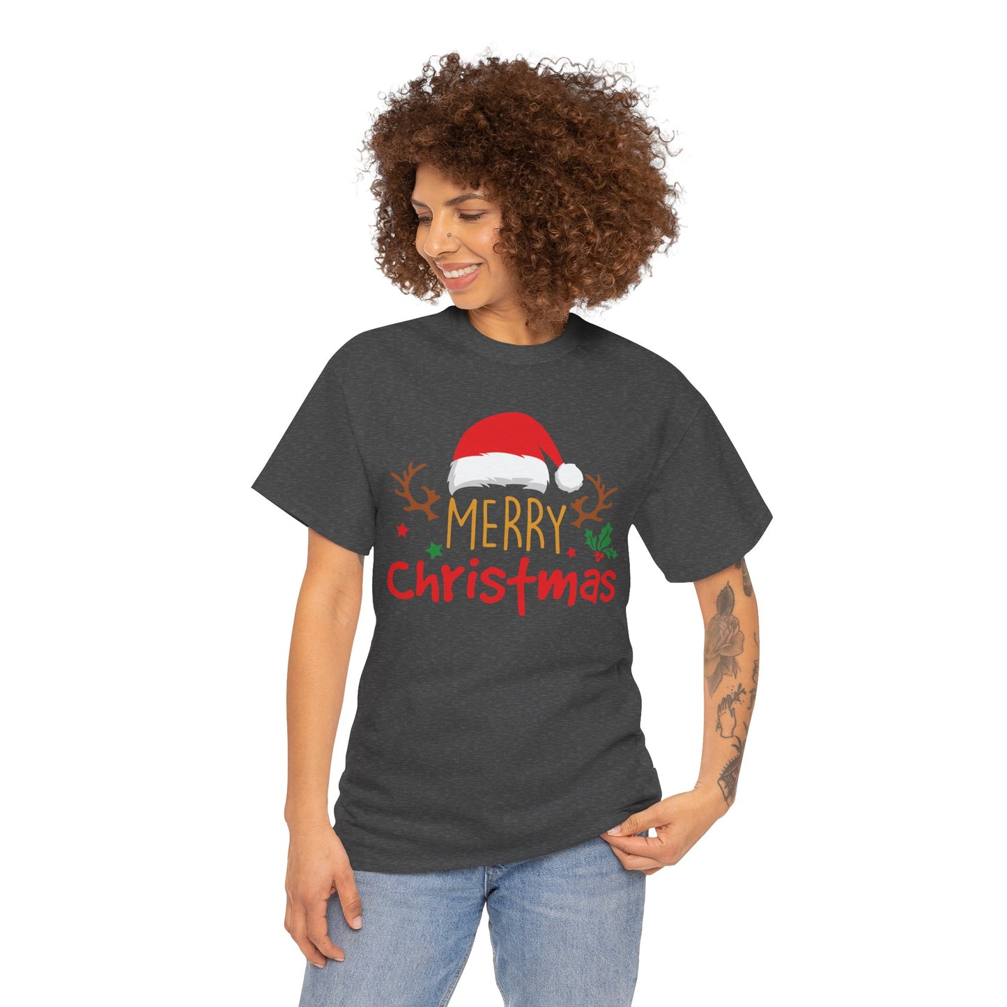 Merry Christmas Reindeer Unisex T-Shirt – Santa Hat Holiday Graphic Tee, Festive Xmas Shirt