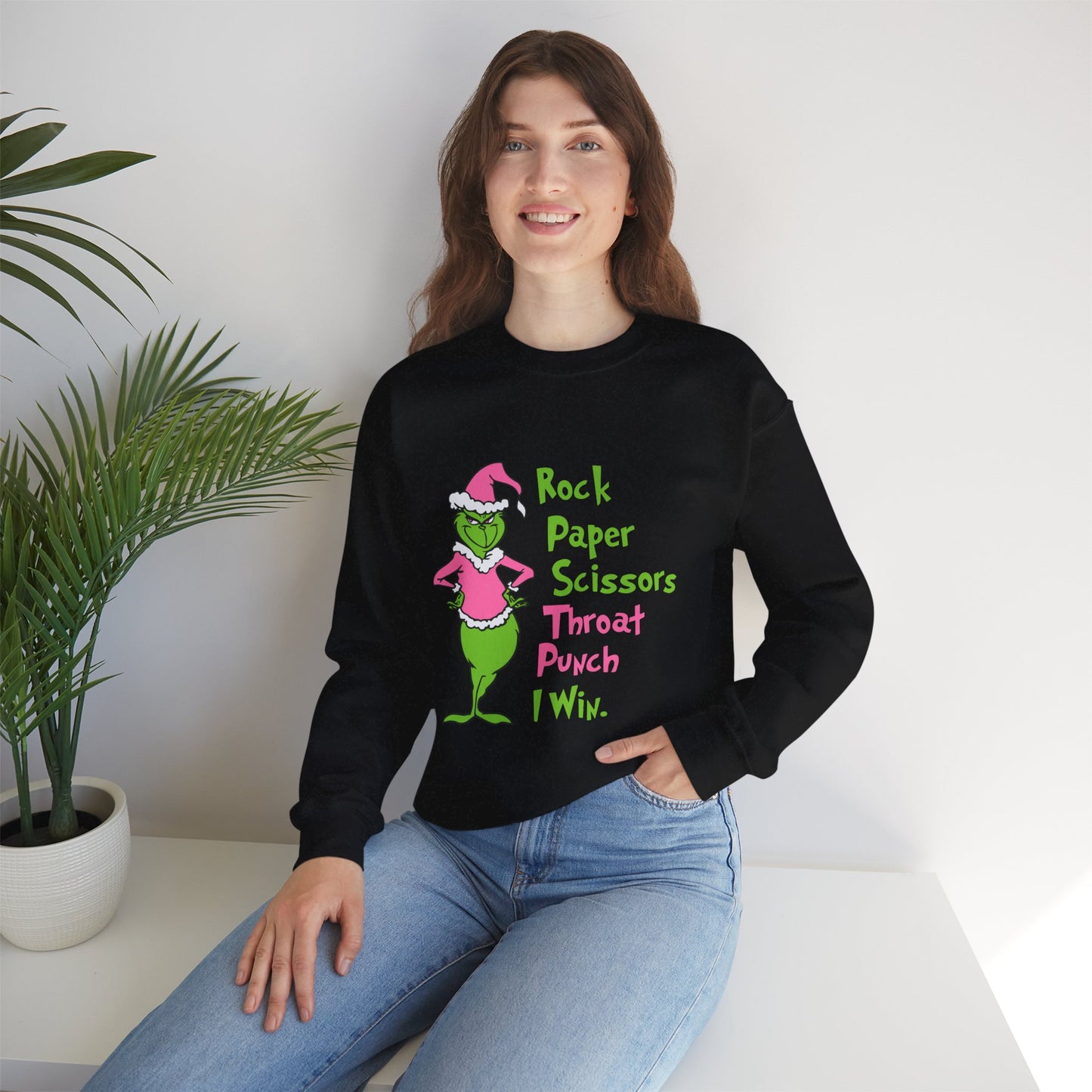 Rock Paper Scissors Throat Punch I Win Funny Christmas Grinch-Inspired Holiday Sweatshirt – Sarcastic Pink Santa Unisex Heavy Blend Crewneck