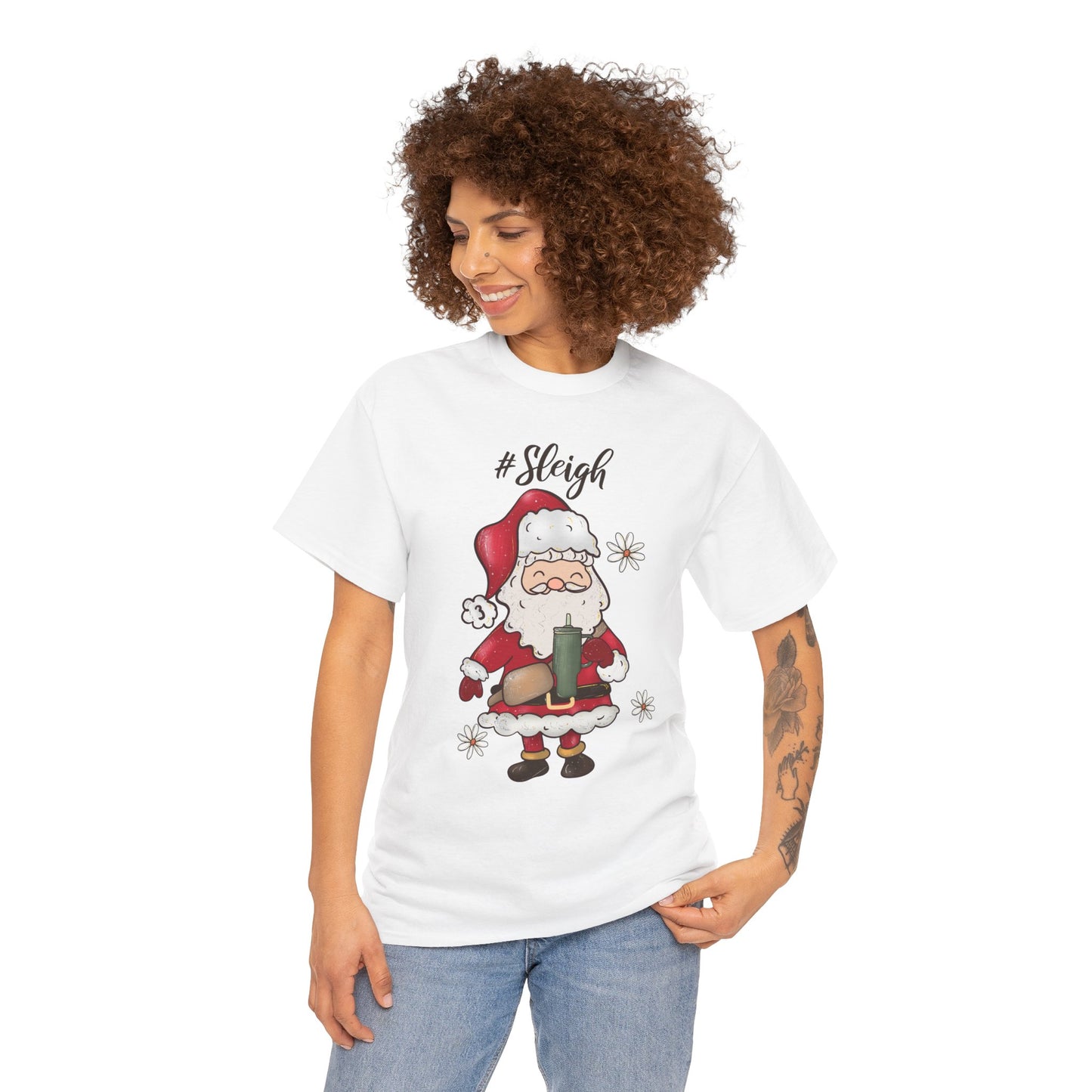 #Sleigh Funny Santa Christmas Tee – Cute Modern Holiday Hashtag Graphic Unisex Heavy Cotton T-Shirt