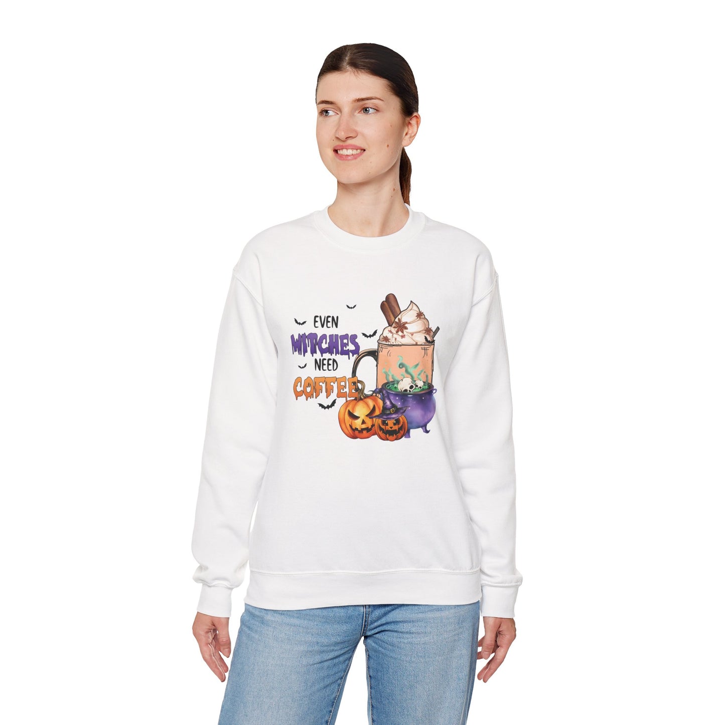 Even Witches Need Coffee Women’s Heavy Blend Crewneck Sweatshirt