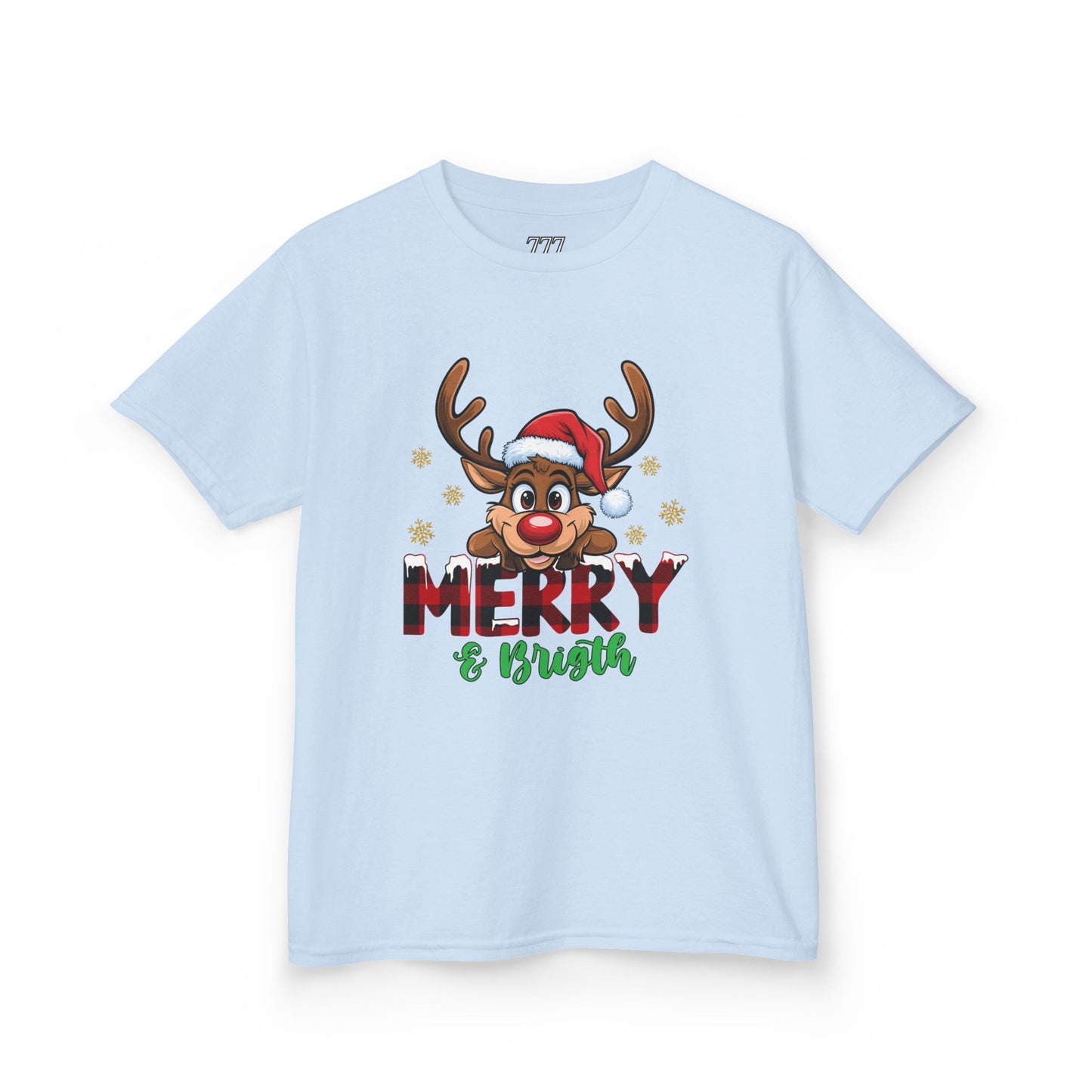 Merry & Bright Kids Christmas T-Shirt – Cute Reindeer Holiday Heavy Cotton Tee