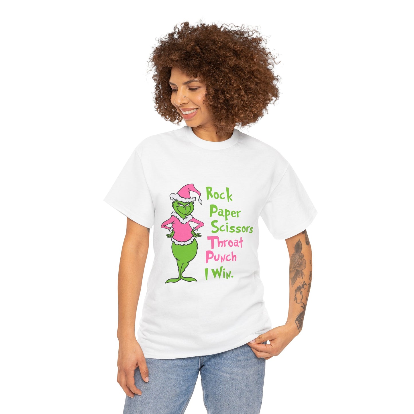 Rock Paper Scissors Throat Punch I Win Funny Christmas Grinch-Inspired Holiday Tee – Sarcastic Pink Santa Unisex Heavy Cotton T-Shirt