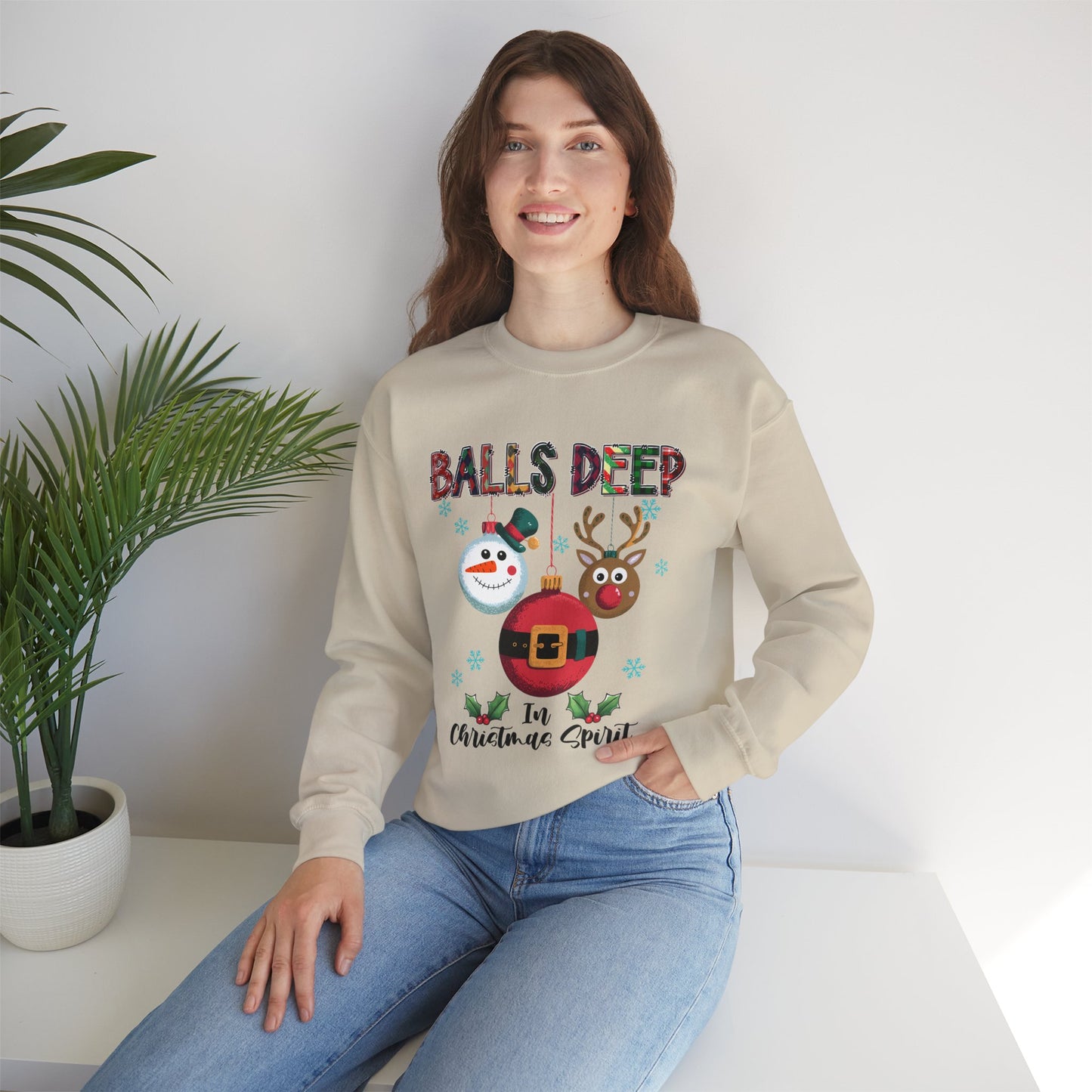 Balls Deep in Christmas Spirit Unisex Heavy Blend Crewneck Sweatshirt – Funny Adult Holiday Snowman & Reindeer Sweater