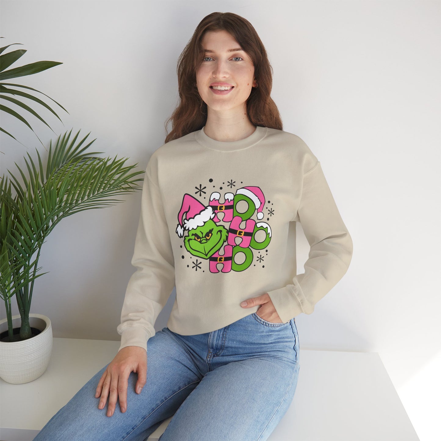 HO HO HO Funny Christmas Grinch-Inspired Holiday Sweatshirt – Cute Pink Santa Unisex Heavy Blend Crewneck