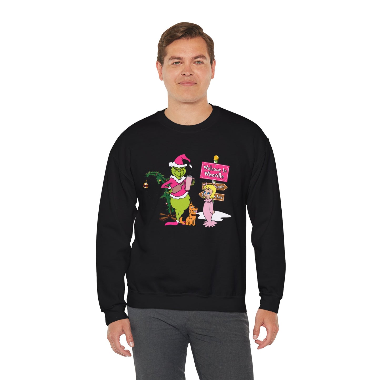 Welcome to Merryville Christmas Crewneck – Cute Green Creature & Winter Village Sweatshirt (Unisex)