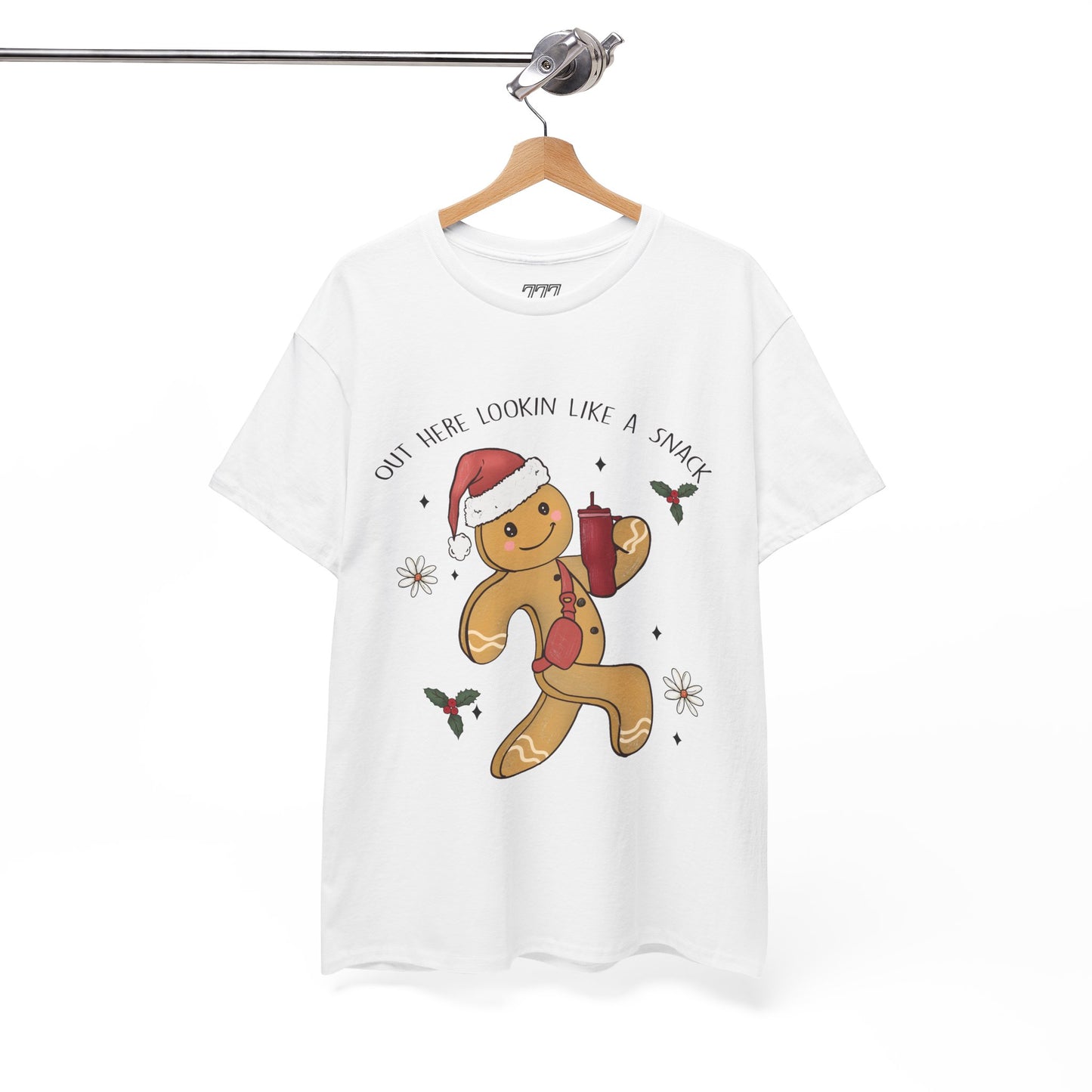 Out Here Looking Like a Snack Gingerbread Funny Christmas Holiday Tee – Cute Santa Hat Festive Unisex Heavy Cotton T-Shirt