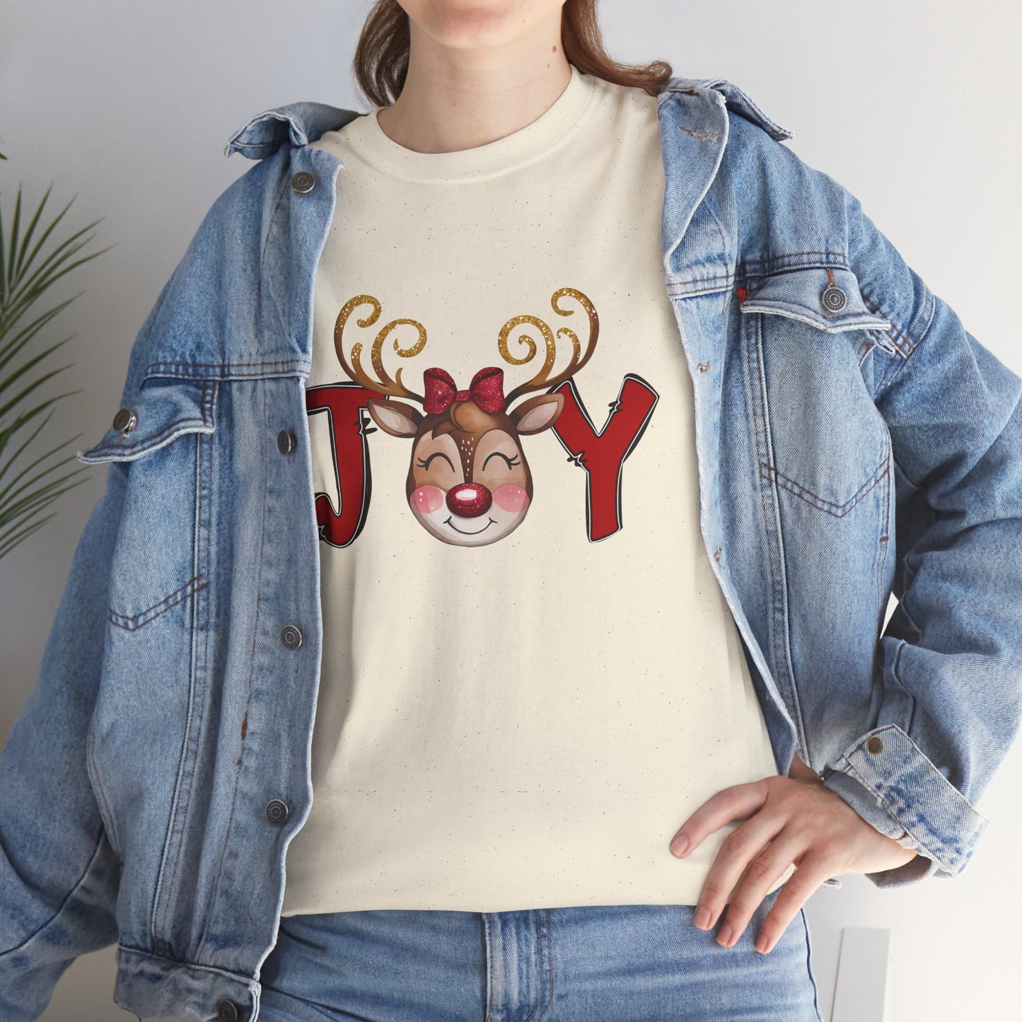 Reindeer Joy Women’s Christmas T-Shirt – Cute Holiday Reindeer Face Heavy Cotton Tee