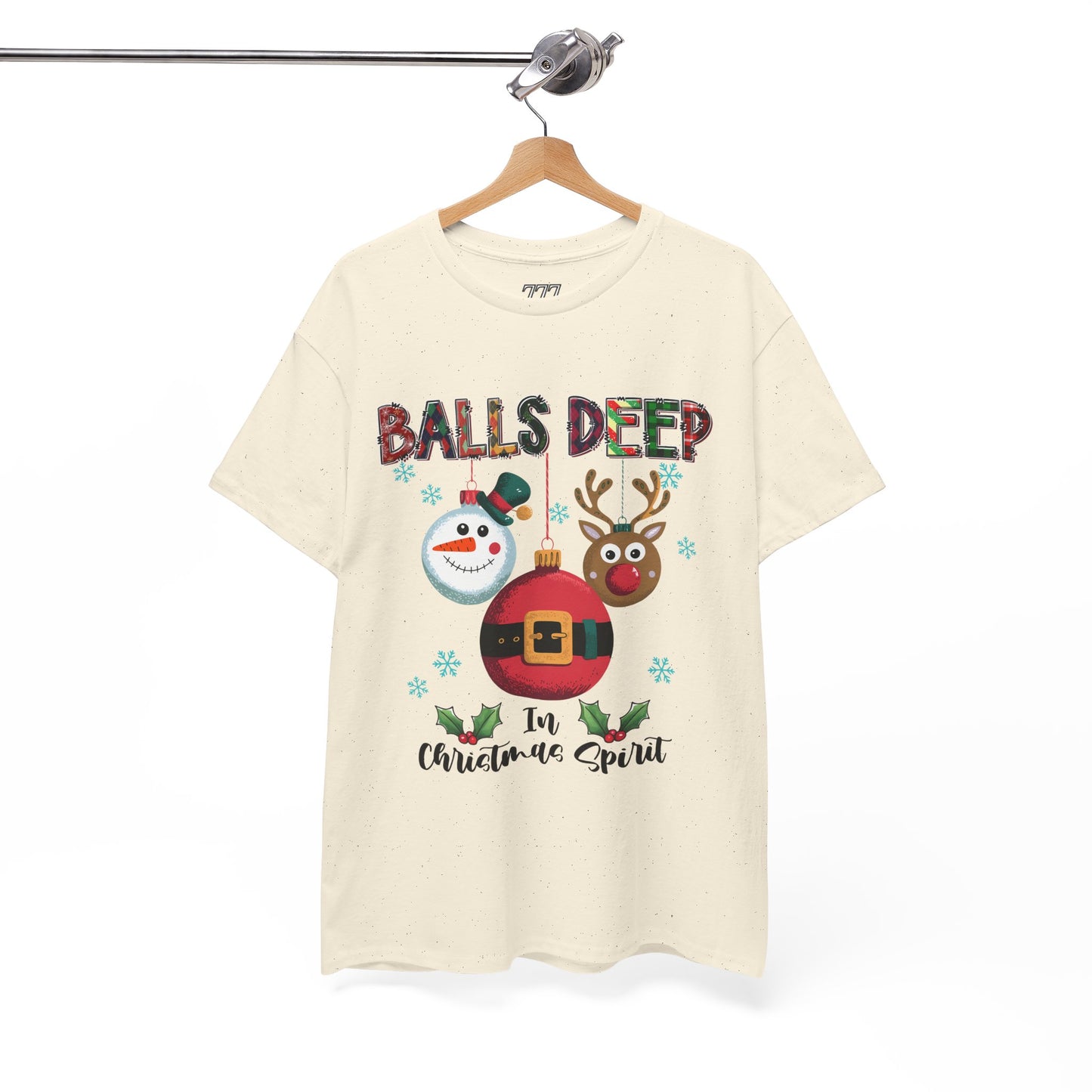 Balls Deep in Christmas Cheer Unisex Heavy Cotton T-Shirt – Funny Adult Holiday Snowman & Reindeer Tee