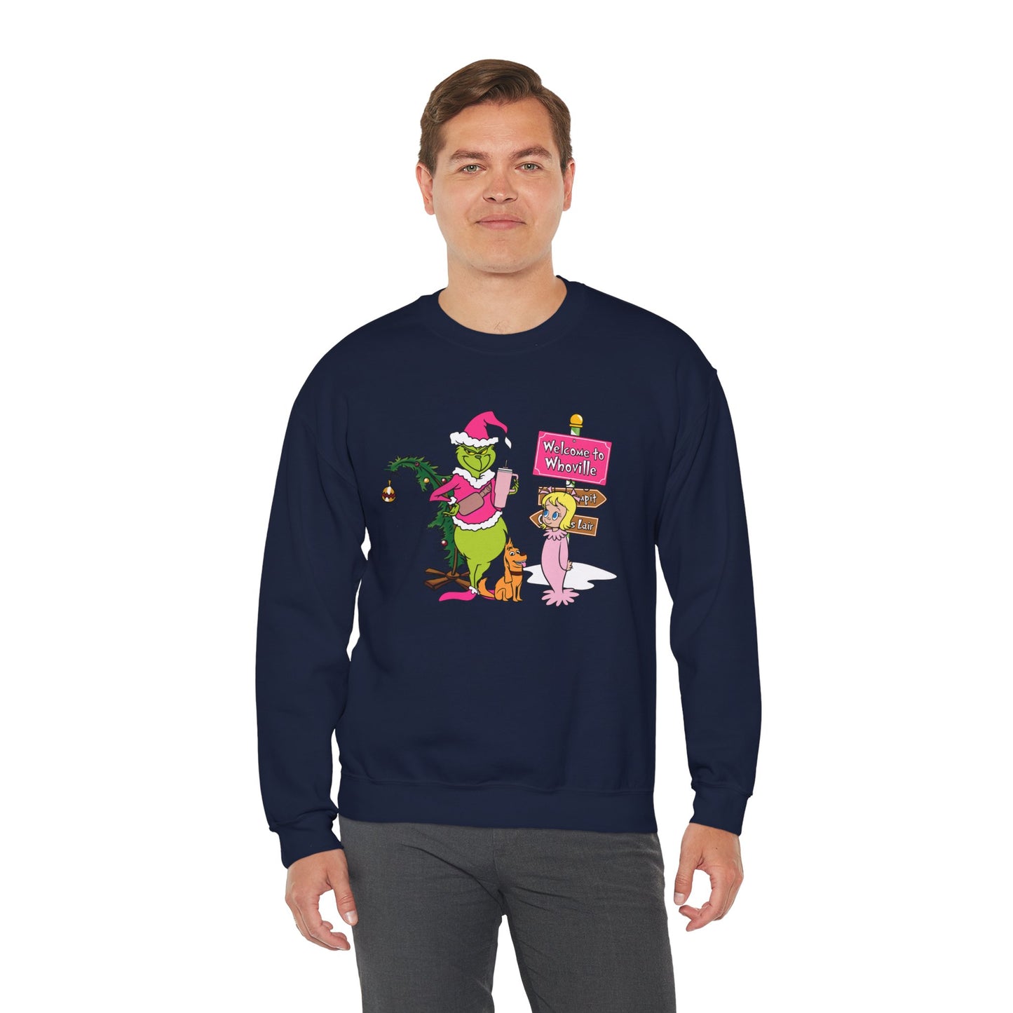 Welcome to Merryville Christmas Crewneck – Cute Green Creature & Winter Village Sweatshirt (Unisex)