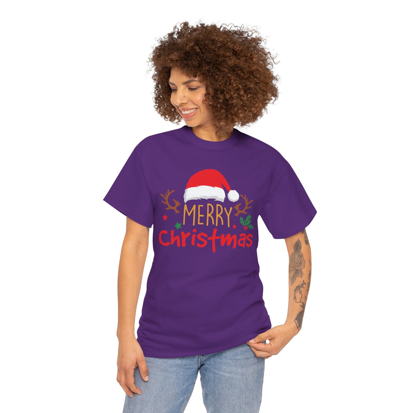 Merry Christmas Reindeer Unisex T-Shirt – Santa Hat Holiday Graphic Tee, Festive Xmas Shirt